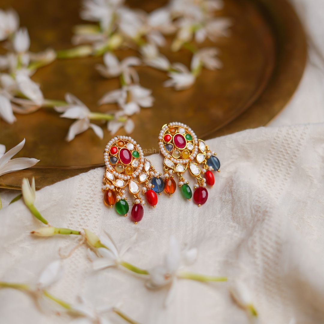 Stunning Gold Plated Navratna Stone Earrings - South India Jewels