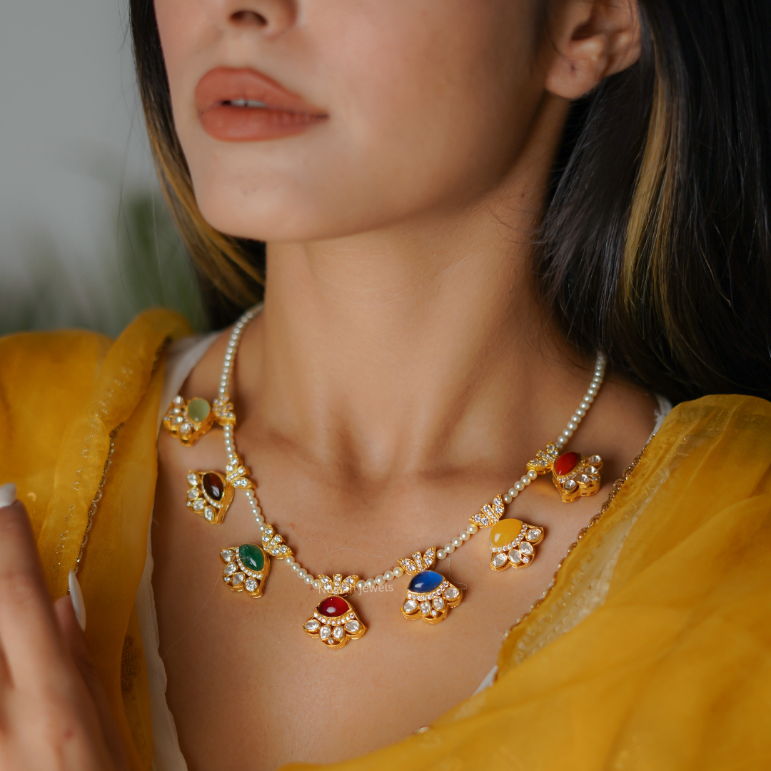 Navaratna Choker Gold Necklace For Girls - Silver Palace